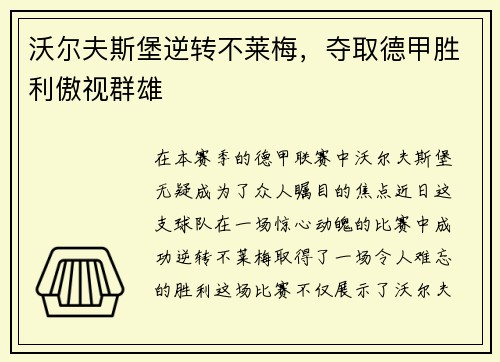 沃尔夫斯堡逆转不莱梅，夺取德甲胜利傲视群雄